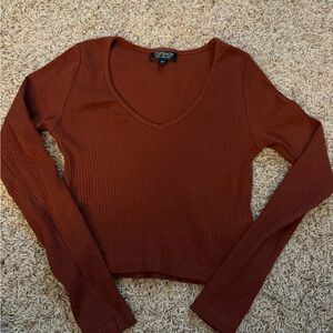 Topshop Women's Brick Red Ribbed Long Sleeve Top